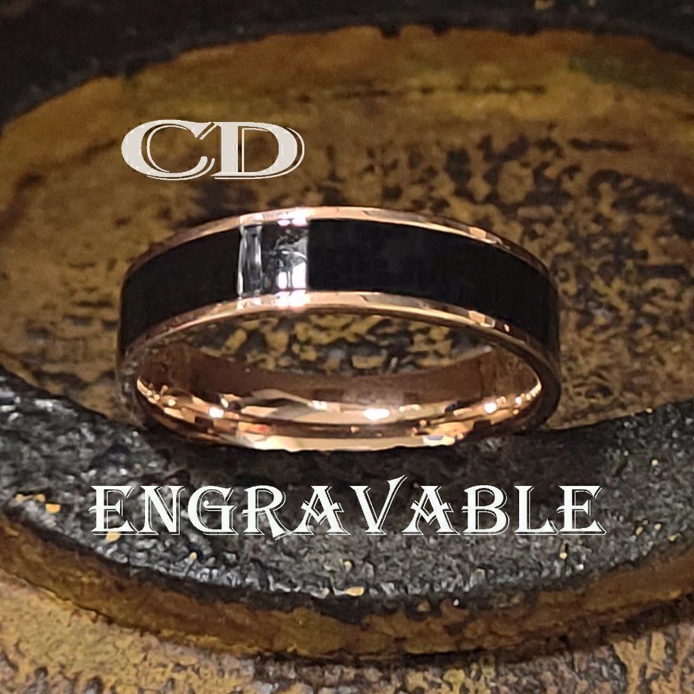 Engraved Mens Real Rose Gold Tungsten Wedding Ring - 14k Rose Gold Black Ceramic